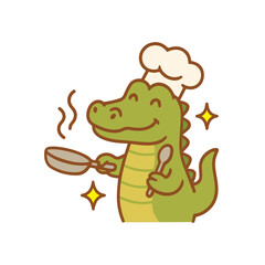 A happy crocodile chef cooking with a frying pan and a spoon.