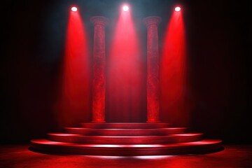 Empty circular stage with multiple stepped platforms illuminated by three intense red spotlights shining down on two tall classical columns in the background against a dark space