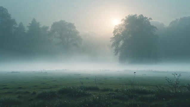 A misty field with trees in the background and a faint sun shining through the fog creating a serene view