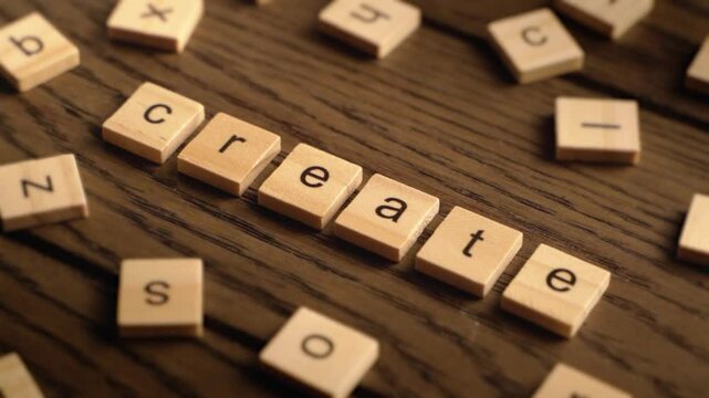 A hand arranges wooden tiles to form the word create on a rustic table in warm lighting.