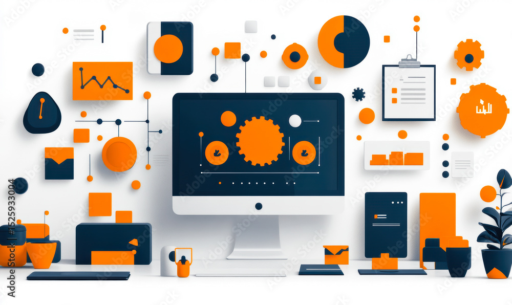 Poster abstract digital marketing automation concept with computer screen, data charts, gears, and flow cha