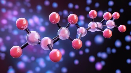 Close-up 3D illustration of a molecular structure with translucent spheres connected by rods on a blurred colorful background