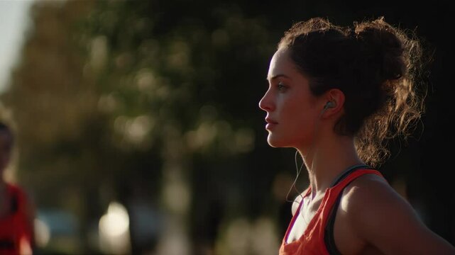 Young woman jogger focused while preparing for a race in outdoor setting  