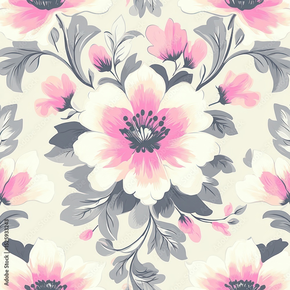 Poster seamless pattern of large pink and white flowers with gray leaves on a light background creating a s
