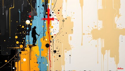 an urban art mural, rich in texture and color with a prominent figure and scattered objects and patterns