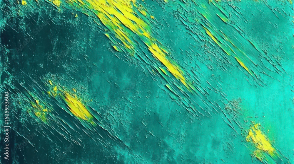 Poster abstract textured surface with rough turquoise and yellow paint strokes creating dynamic and energet