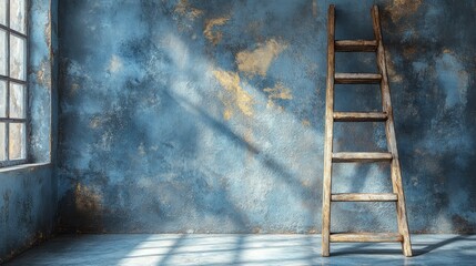 Rustic Wooden Ladder Against a Textured Blue Wall
