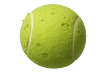 Close-up of a used tennis ball with visible wear, isolated on a transparent background, perfect for sports-themed projects