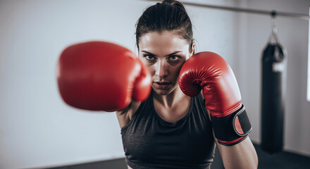 Woman in red boxing glove defensive fighting stance on gray background. Boxing training and female strength concept. Image for sport, fitness, lifestyle, banner with copy space