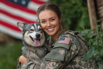smiling female soldier in camouflage uniform hugging happy dog with american flag in background
