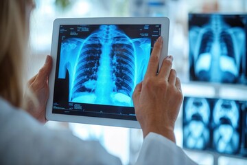 person holding and examining a digital tablet displaying a chest x-ray image with lungs and ribs visible in a medical setting with additional x-rays in the background