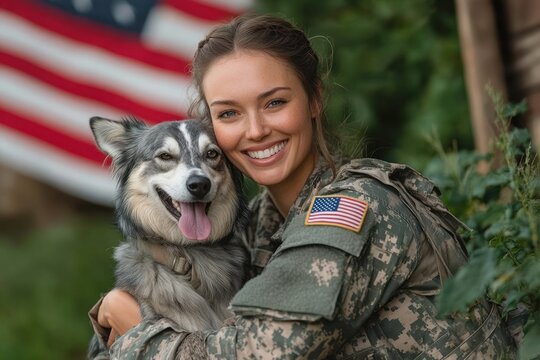 smiling female soldier in camouflage uniform hugging happy dog with american flag in background