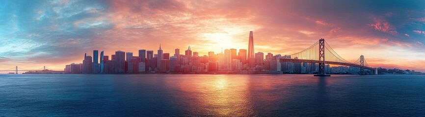 Obraz premium Panoramic view of a city skyline at sunset with a large suspension bridge over calm water and colorful dramatic clouds