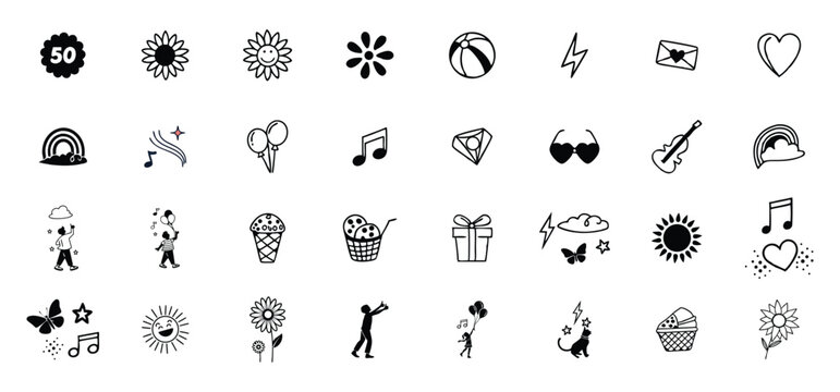 Collection of cute black and white doodle icons depicting happiness and joyful moments on a white background