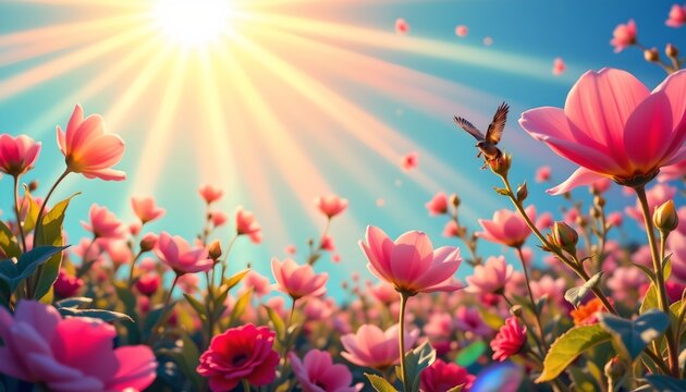 a vibrant scene of a sunny day with a field of pink flowers in full bloom under a clear blue sky - Powered by Adobe