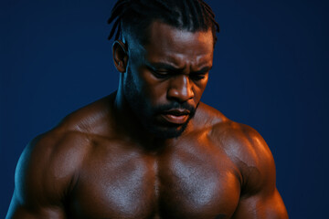 Fototapeta premium Muscular athletic man with dreadlocks displaying strong physique and toned upper body against dark blue studio background