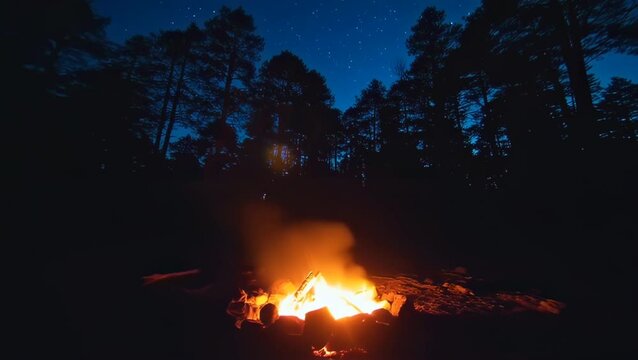 Campfire glowing in darkness surrounded by tall trees under starry sky during forest night. Nature concept
