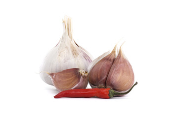 Garlic Bulbs and Red Chili Pepper Isolated On a White Background