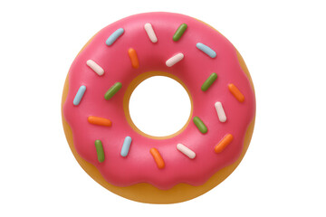 Obraz premium Glossy pink donut spinning, multicolored sprinkles dancing against transparent backdrop, highlighting sweet culinary design element