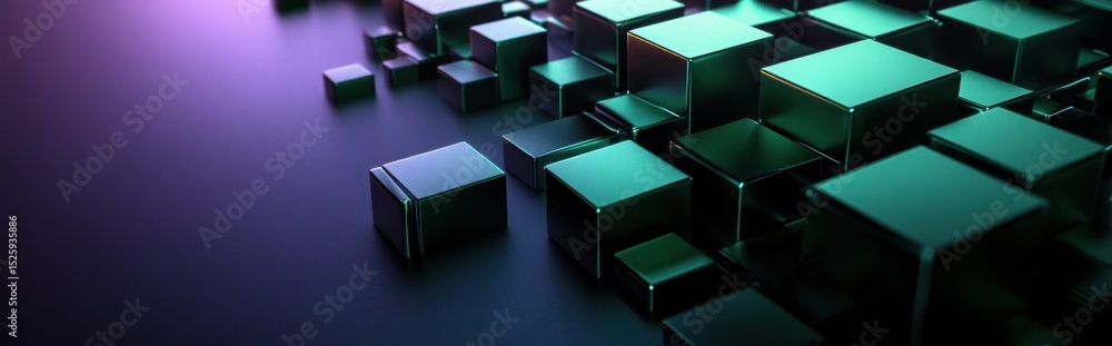 Aufkleber abstract arrangement of reflective metallic cubes of varying sizes on a dark smooth surface with gre