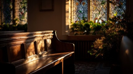 Golden light through church window, empty pew in foreground, holiday lighting - a moment of spiritual serenity
