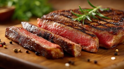 Juicy medium rare ribeye steak slices, showcasing rich flavors and perfect grilling.