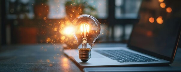 Glowing incandescent light bulb floating above a laptop keyboard with a blurred indoor background and warm bokeh lights, symbolizing innovation and creativity