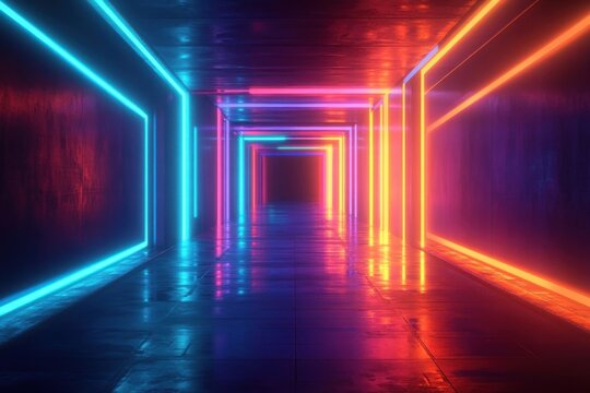 Futuristic corridor illuminated by alternating blue and orange neon lights creating a vibrant, immersive, and symmetrical tunnel perspective