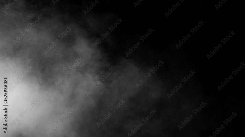Poster white realistic fog or smoke cloud moving from left to right across a dark black background. mysteri