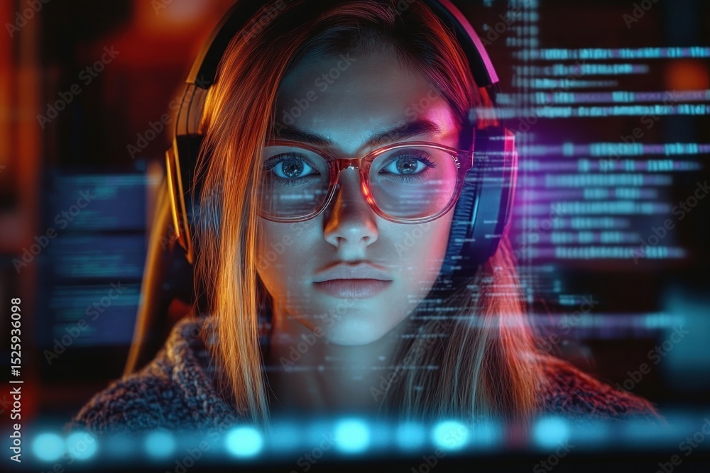 Poster focused young woman wearing glasses and headphones working intensely at a computer surrounded by flo