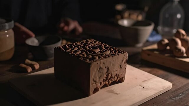 Handmade chocolate cube with relief pattern on wooden cutting board, with peanut butter jar and ingredient preparation in warm, dim lighting.