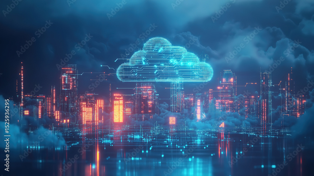 Poster blue background with cloud computing infrastructure and digital management icons in circuit design