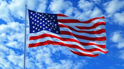 Obraz premium American Flag Waving Blue Sky Clouds Patriotic