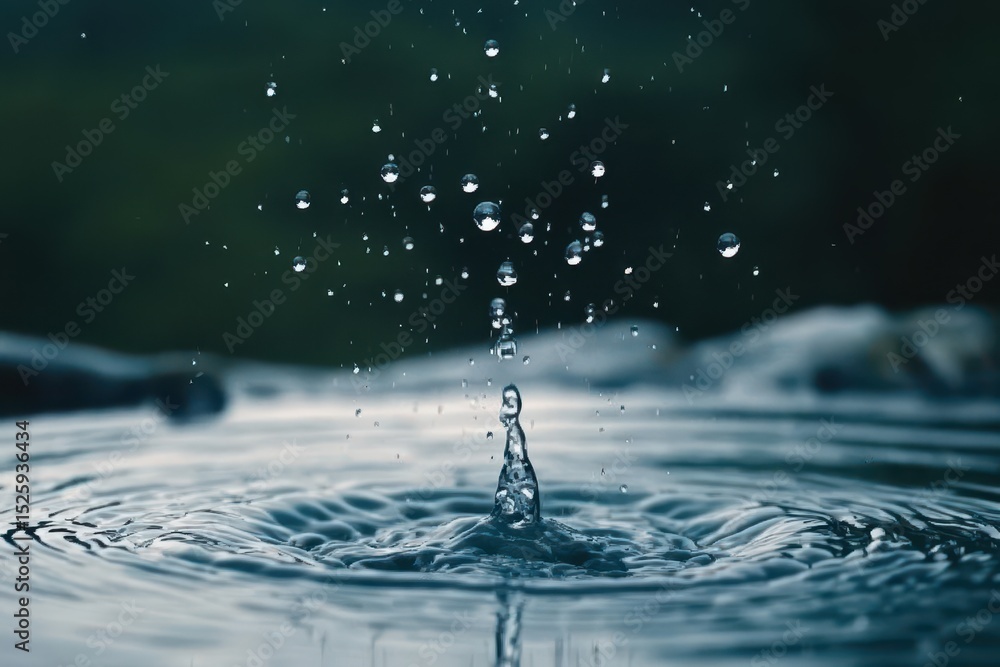Poster rain drops create perfect circular patterns in super slow motion at a tranquil water surface, rain w