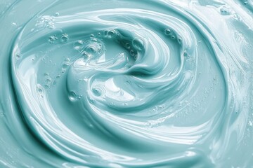 close-up of smooth, glossy, light blue gel or cream with bubbles and swirling texture