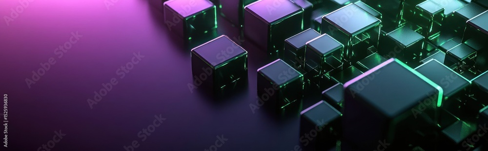 Aufkleber abstract arrangement of reflective translucent cubes with green edges on a dark surface illuminated 