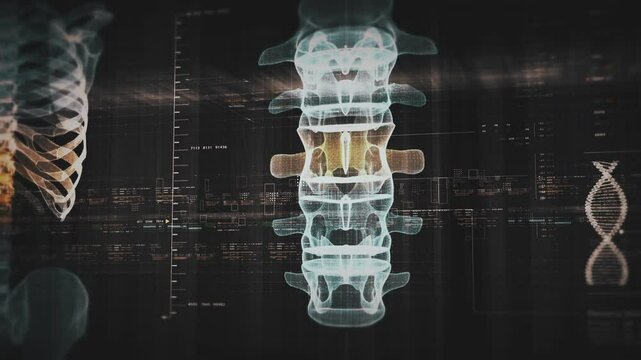 Futuristic biomedical concept with advanced holographic scanning and HUD diagnosing spinal disc herniation using 3D holograms of a patient&rsquo;s backbone, AR, and real-time medical imaging