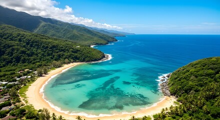 Aerial View of Tropical Cliffside Beach with Turquoise Water and Rocky Islands