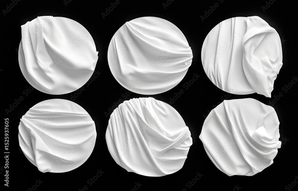 Poster six circular white fabric textures with various folds and wrinkles displayed on black background, sh