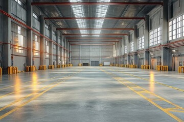 Spacious empty industrial warehouse interior with high ceiling, large windows, concrete floor marked with yellow lines, and natural sunlight streaming in