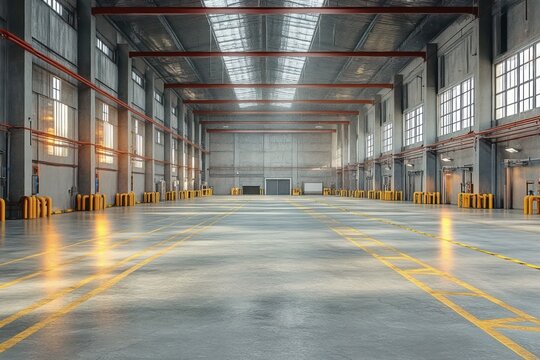 Spacious empty industrial warehouse interior with high ceiling, large windows, concrete floor marked with yellow lines, and natural sunlight streaming in