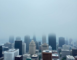 a wide angle view of a city skyline under an overcast sky