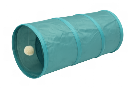 Cat interactive tunnel toy with hanging teaser ball, stimulating play and movement, designed for feline engagement, white background