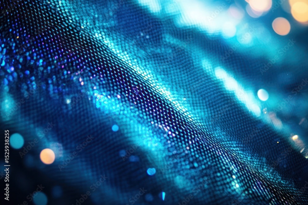 Aufkleber close-up of shiny blue textured fabric with glowing and reflective small dots creating a futuristic 