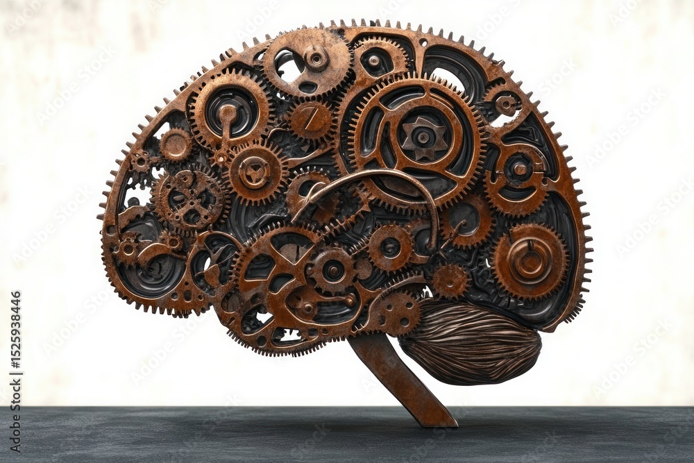 Poster intricate mechanical model of a human brain composed of interlocking rusty gears and cogs on a dark 