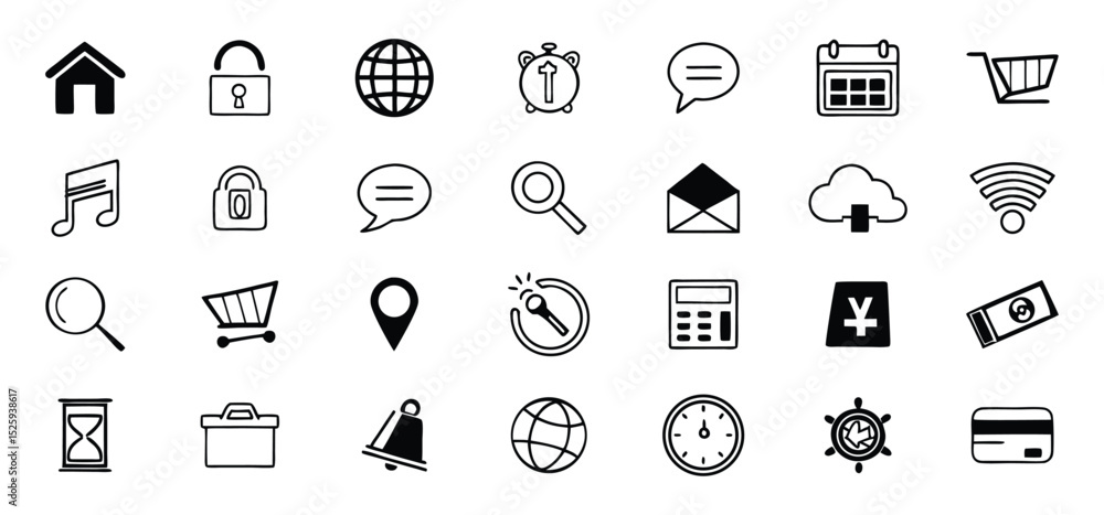 Poster collection of hand drawn vector icons representing various concepts and elements for digital design