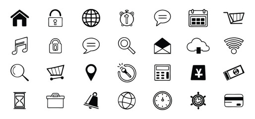 Collection of hand drawn vector icons representing various concepts and elements for digital design