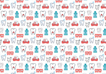 Dentist, orthodontics seamless pattern with line icons. Dental care, medical equipment, braces, tooth prosthesis, floss, caries treatment, toothpaste.
