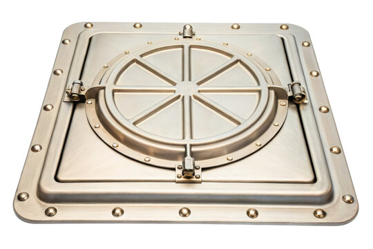 Heavy-duty metal access hatch with a secure locking mechanism isolated with transparent background