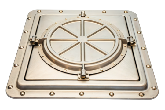 Heavy-duty metal access hatch with a secure locking mechanism isolated with transparent background